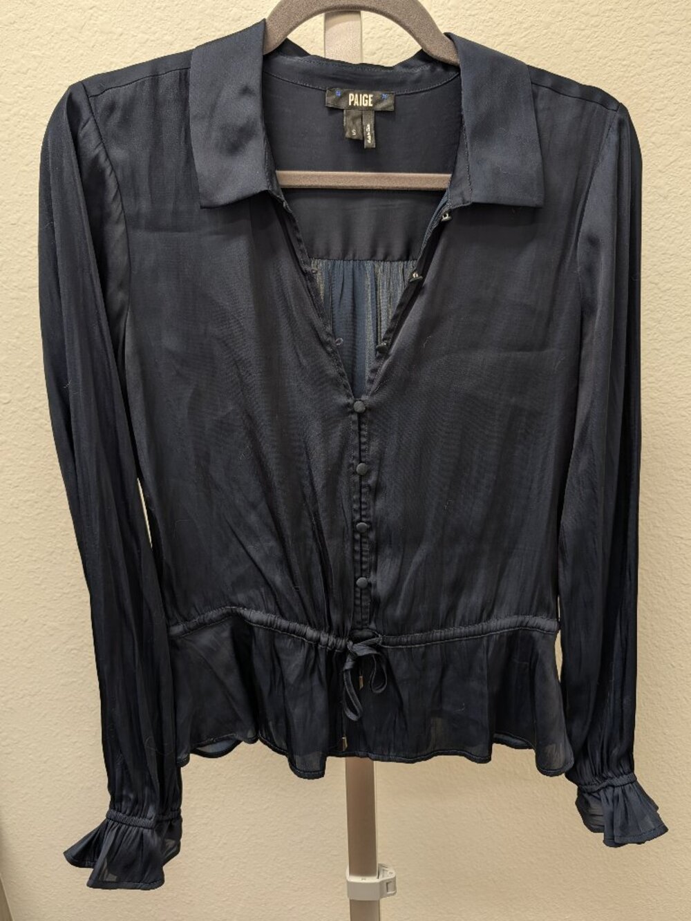 Paige Kendall Satin Peplum Blouse in Navy